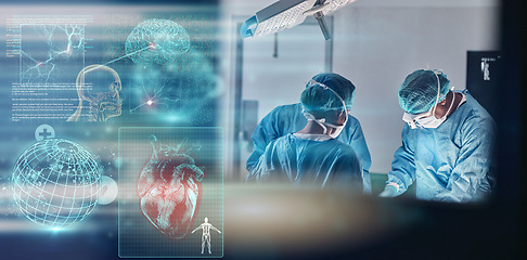 Image showing Doctors, hospital and surgery with global hologram of world in operating room with ppe, anatomy and brain icon. Surgeon, group and planet in icu, 3d earth and cardiology with heart overlay at clinic