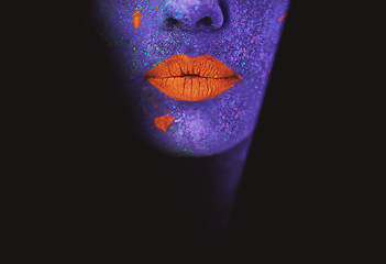 Image showing Lips, neon and surreal paint for creative, art and glitter for unique psychedelic glow. Face, woman or color for light abstract, whimsical and vivid uv illusion for mystical fluorescent trance