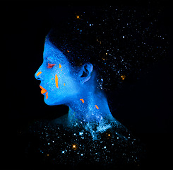 Image showing Face, neon and psychedelic galaxy for creative, art and glitter with unique surreal glow. Person, science fiction and color with dream, rave and abstract uv illusion for mystical fluorescent trance