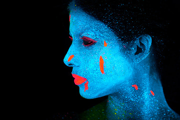 Image showing Face, neon and psychedelic universe for creative, art and glitter with unique surreal glow. Person, science fiction and color with dream, rave and abstract uv illusion for mystical fluorescent trance