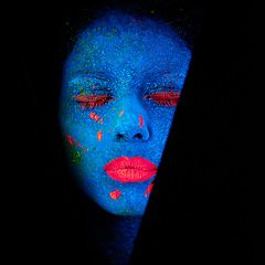 Image showing Face, neon and whimsical paint for creative, art and glitter with unique surreal glow. Person, science fiction and color with dream, rave and abstract uv illusion for mystical fluorescent trance