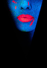 Image showing Lips, neon and psychedelic paint for creative, art and glitter for unique surreal glow. Face, science fiction or color for abstract, whimsical and vivid uv illusion for mystical fluorescent trance