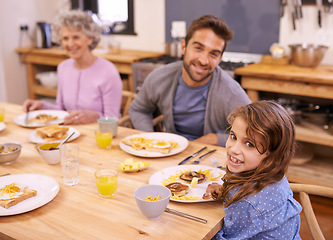 Image showing Love, breakfast and family in portrait or kitchen with food, eating or bonding together at table. Meal, pancakes and father or grandmother with child for brunch, nutrition or communication at home