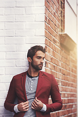 Image showing Man, fashion and confidence in city with trendy style, model with pride and cool outdoor. Urban, unique and stylish with designer clothes, edgy and chic with blazer or jacket for casual apparel