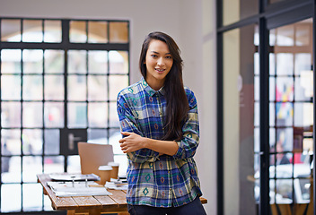 Image showing Happy woman, portrait and creative designer with confidence for career ambition at the office. Face of female person or employee with smile and arms crossed for job, pride or startup at the workplace