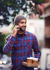 Image showing Phone call, coffee and walking for male person, smile and take away drinks for friends. Happy, conversation and communication on smartphone, tea and colleagues in city or urban area for relaxed man