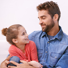 Image showing Hug, family and father with girl kid and happiness with smile and cheerful with conversation and bonding together. Single parent, embrace and fun with dad and daughter with weekend break and joyful
