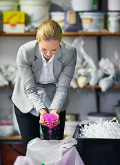 Image showing Skincare, factory or business woman with wax beads for melting, hair removal or depilation. Beauty, manufacturing or lady cosmetologist show waxing pearl for skin, wellness or boutique retail product