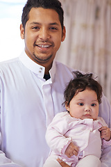 Image showing Muslim, family and portrait of dad with baby in home for bonding, relationship and calm together. Parenting, happy and Islamic father with newborn infant for love, childcare or support in living room