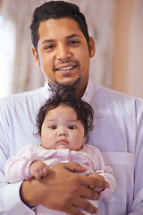 Image showing Portrait, home and father with baby, family and smile with happiness, infant and bonding together. Face, Islamic dad or love with newborn or growth with joy and tradition with hug or eid celebration