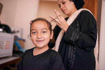 Image showing Mother, girl and muslim with smile, hijab and support for eid celebration and culture. Islamic family, kid and bonding together for love, growth and happiness with parenting and traditional headscarf