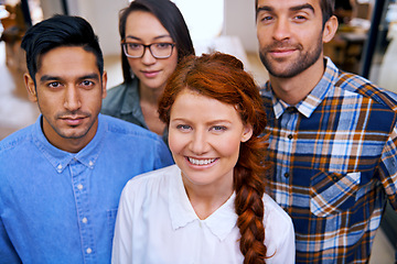 Image showing Portrait, leadership and happy woman with business people at creative startup with confidence, management and diversity. Community, men and women together in design office for team, pride and smile