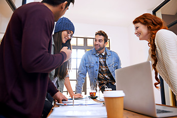 Image showing Team, work and laptop for meeting in office, workspace or conference room for brainstorming in creative career. Job, planning and partnership with collaboration, computer or tech for discussion