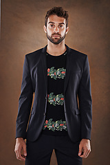 Image showing Fashion, studio and portrait of businessman, business and clothing isolated on background. Confident, pose and corporate employee for happy male model, professional and formal and trendy outfit