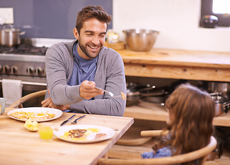 Image showing Dad, girl and laugh in morning with breakfast for routine with quality time, happiness and nutrition. Father, child and together for bonding with food, feeding and homemade with love for healthy diet