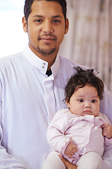 Image showing Muslim, home and portrait of father with baby for bonding, ramadan and calm together. Parenting, happy family and Islamic dad with newborn infant for love, childcare or support in living room