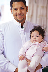 Image showing Muslim, family and portrait of father with baby in home for bonding, relationship and calm together. Parenting, happy and Islamic dad with newborn infant for love, childcare or support in living room