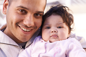 Image showing Family, muslim dad and child in portrait for bonding, relationship and smile together. Islam, happy people and father with newborn infant or baby for childcare, affection and support with happiness