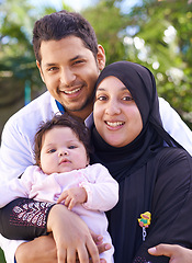 Image showing Muslim, park and portrait of parents with child for bonding, ramadan and outdoors together. Islam, happy family and mother, father and newborn infant for love, childcare and support in nature