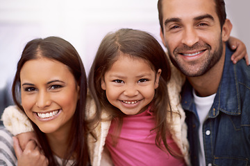 Image showing Portrait, family or smile to relax, fun or hug in cheerful, pride or confidence as bonding together. Papa, mama or girl child as happy, rest or embrace on playful, break or vacation as loving leisure