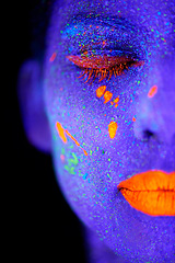 Image showing Face, neon and psychedelic closeup for creative, art and glitter with unique surreal glow. Person, science fiction and color with dream, rave and abstract uv illusion for mystical fluorescent trance