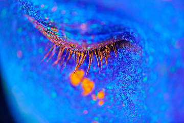 Image showing Eye, neon and psychedelic galaxy for creative, art and glitter with unique surreal glow. Face, science fiction and color with dream, rave and abstract uv illusion for mystical fluorescent trance