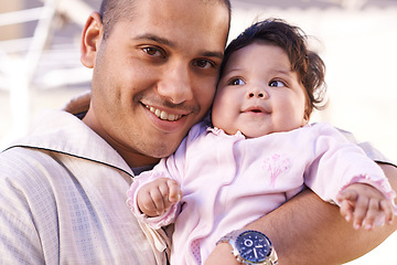 Image showing Love, muslim father and baby in portrait for bonding, relationship and smile together. Islam, happy family and dad with newborn infant for childcare, affection and support with happiness or joy