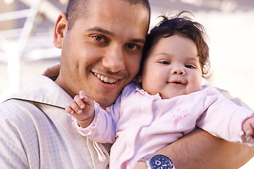 Image showing Love, muslim dad and child in portrait for bonding, relationship and smile together. Islam, happy family and father with newborn infant or baby for childcare, affection and support with happiness