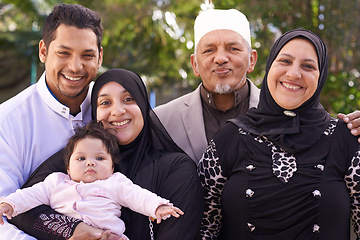 Image showing Islamic, family and man with woman , portrait and outdoor with baby, grandparents and smile in park. Adult, mother and father of child in garden for growth and development of kid or toddler and girl