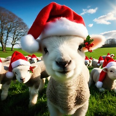 Image showing lambs wearing santa hats at christmas generative ai