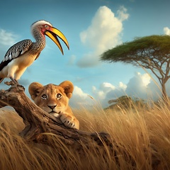 Image showing cute lion cub hunting a bird