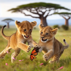 Image showing two lion cubs playing and learning to hunt