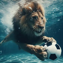 Image showing lion getting ball swimming underwater