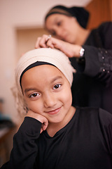 Image showing Child, mother and muslim with smile, headscarf and support for eid celebration and culture. Islamic family, kid and bonding together for love, growth and happiness for parenting and traditional hijab