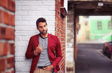 Image showing Man, fashion and confident in city with trendy style, model with pride and cool outdoor. Urban, unique and stylish with designer clothes, edgy and chic with blazer or jacket for casual apparel