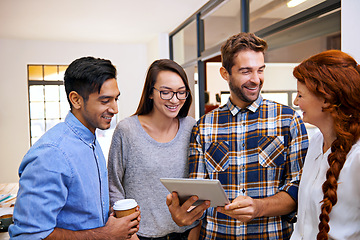 Image showing Tablet, happy or designers in startup for teamwork or collaboration with technology in creative company. Talk, colleagues or group of people in a business for diversity or planning an online project