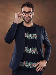 Image showing Fashion, eyewear and portrait of male person, studio and clothing isolated on background. Confident, pose and glasses for happy man model, contemporary and trendy outfit for startup business owner