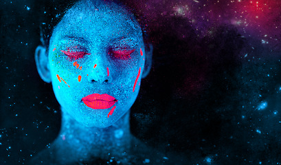 Image showing Face, neon and fantasy paint for creative, art and glitter with unique surreal glow. Person, science fiction and color with dream, rave and abstract uv illusion for mystical fluorescent trance