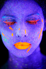 Image showing Face, color and psychedelic paint for creative, art and glitter with unique surreal glow. Person, science fiction and neon with dream, rave and abstract uv illusion for mystical fluorescent trance