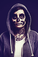 Image showing Skeleton, makeup and portrait of woman on dark background for festival, Halloween and day of the dead. Skull, costume and person with face paint for horror, scary and gothic aesthetic in studio