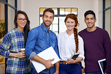 Image showing Happy, team and portrait in office for creative career in web development with laptop or technology to design websites or apps. Men, women and together for collaboration for company or agency.