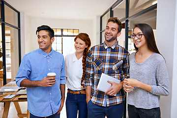 Image showing Colleagues, office and business people with tablet for teamwork, communication or creative company. Startup, professional and diverse staff together for happiness, confidence or collaboration