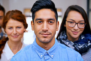 Image showing Portrait, leader and group of business people at creative startup with confidence, manager and diversity. Community, professional men and women together in design office for team, pride and smile