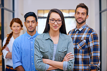 Image showing Portrait, leader and woman with business people at creative startup with confidence, face or solidarity. Community, professional men and women together in design office for team, pride and smile