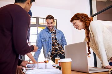 Image showing Portfolio, planning or designers in startup for teamwork or collaboration with paperwork in creative company. Discussion, laptop or group of happy people in a meeting with diversity on project job