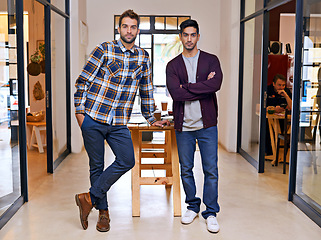 Image showing Business, partner and portrait of men at creative startup with serious face, confidence and opportunity for entrepreneur. Office, friends and design team with pride, arms crossed and collaboration.