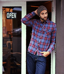 Image showing Confidence, cafe and portrait of man with sign at entrance of restaurant for small business owner. Open, pride and entrepreneur at coffee shop with career in service, hospitality and standing at door