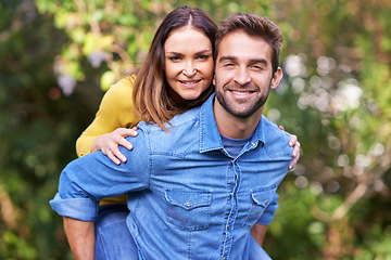 Image showing Portrait, smile and happy couple with piggyback in nature or park for bonding, dating and relationship outdoor. People, love and romantic in backyard with joy, excited and playing in marriage