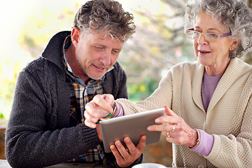 Image showing Senior couple, tablet or communication to relax on social media, website or bonding together. Older married people, touch screen or happy to search for ebook, news or email for streaming app