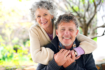 Image showing Happy, portrait and senior couple hug outdoor with love on holiday or relax on vacation in retirement. Elderly, man and woman in embrace in backyard or garden of home with care or support in marriage